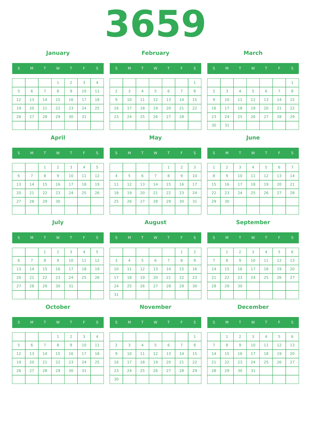 Printable 3659 Year Calendars green