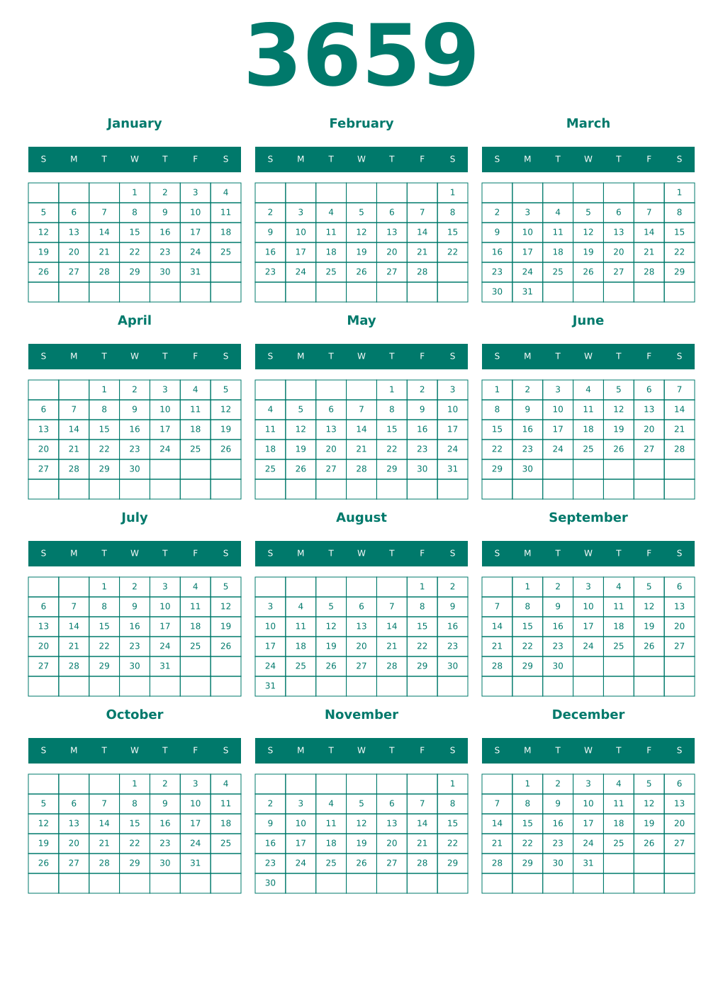 Printable 3659 Year Calendars pastel