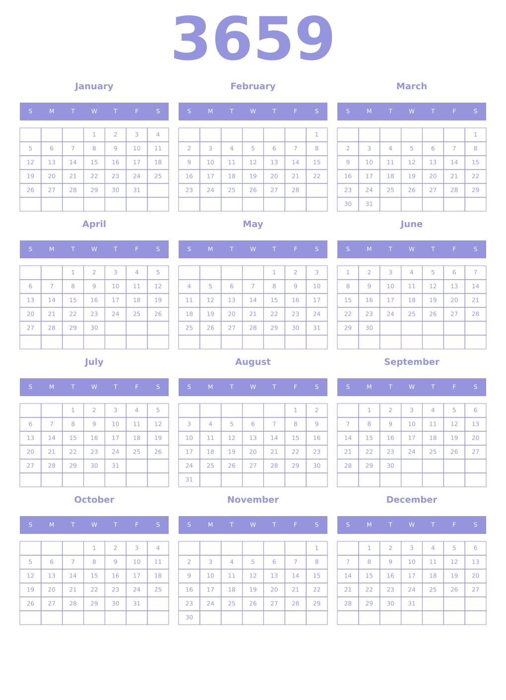 Printable 3659 Year Calendars periwinkle