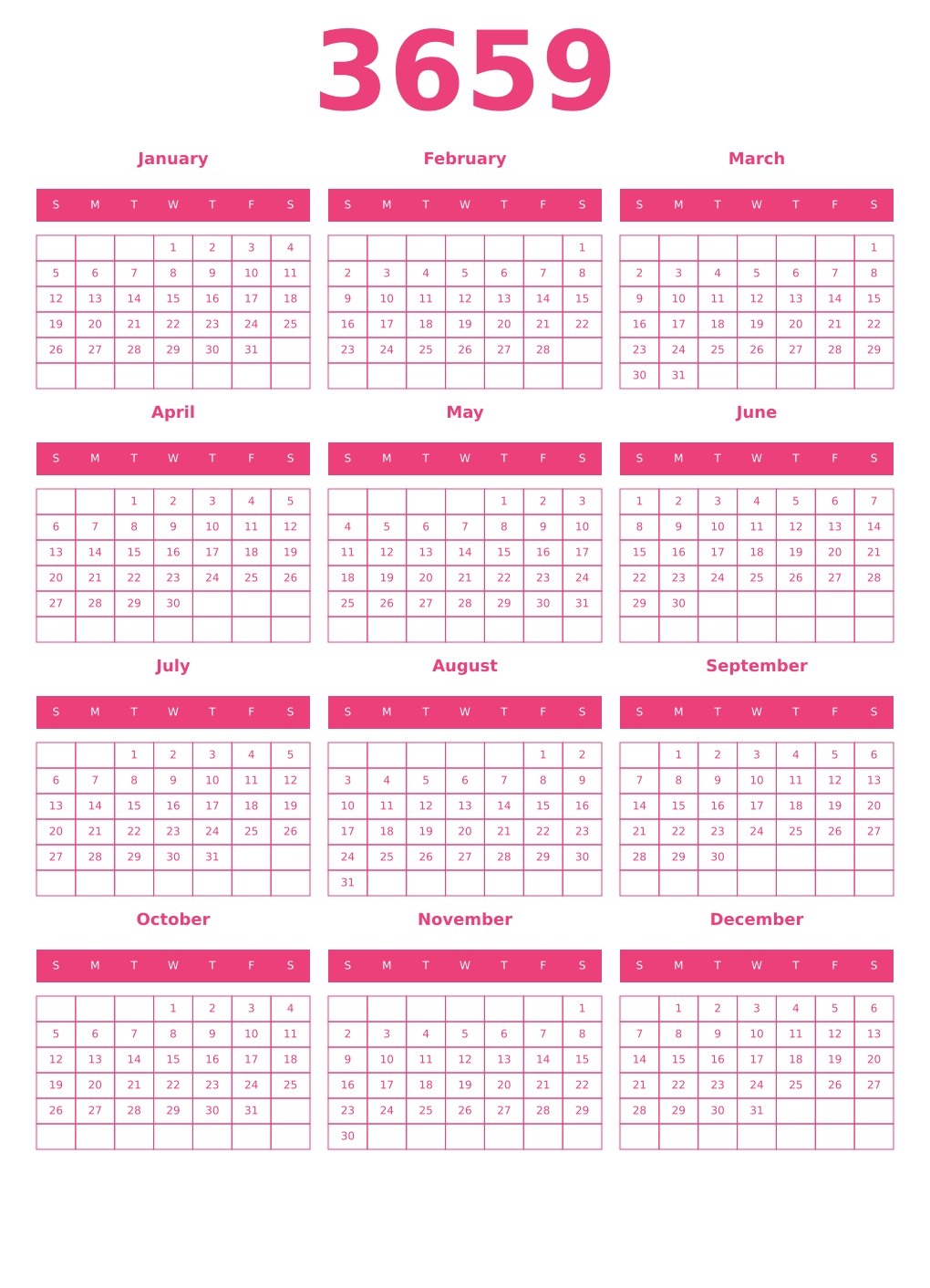 Printable 3659 Year Calendars pink