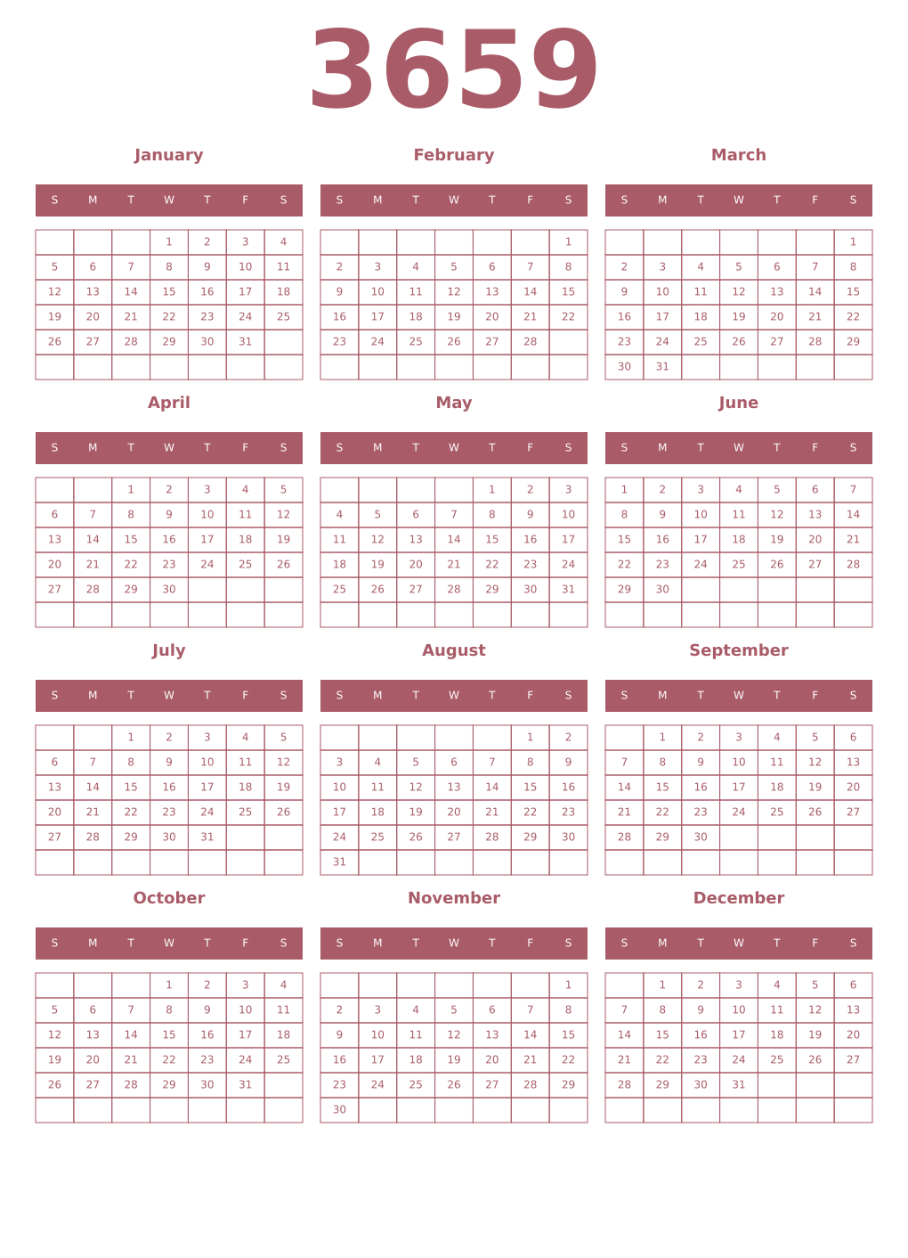 Printable 3659 Year Calendars puce