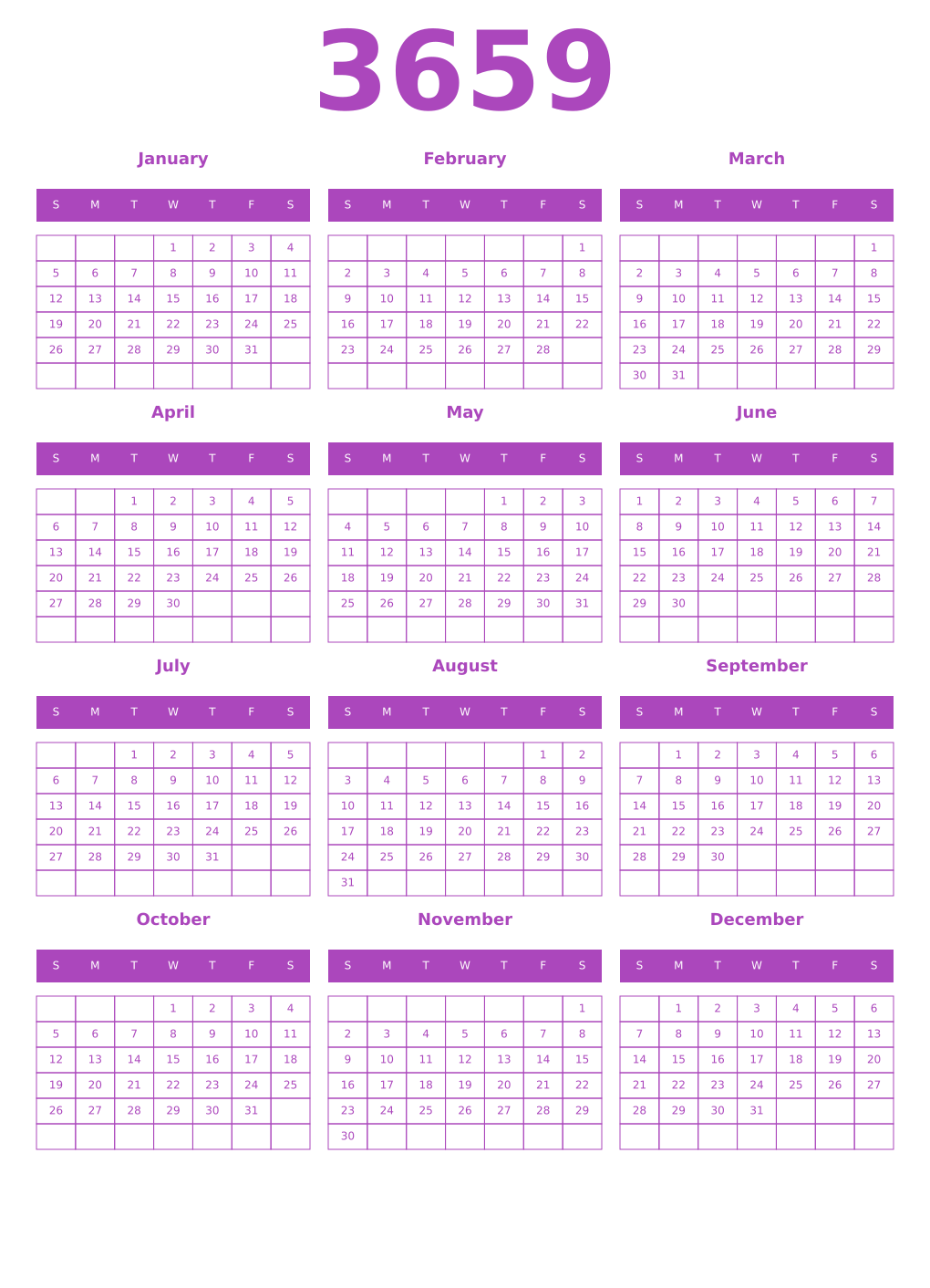 Printable 3659 Year Calendars purple