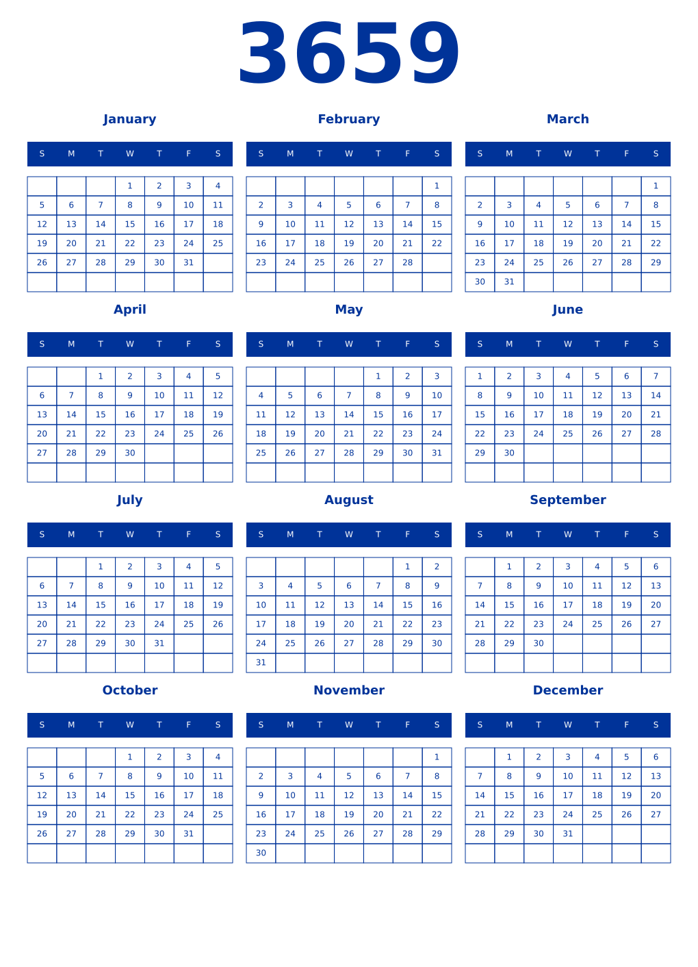 Printable 3659 Year Calendars smalt