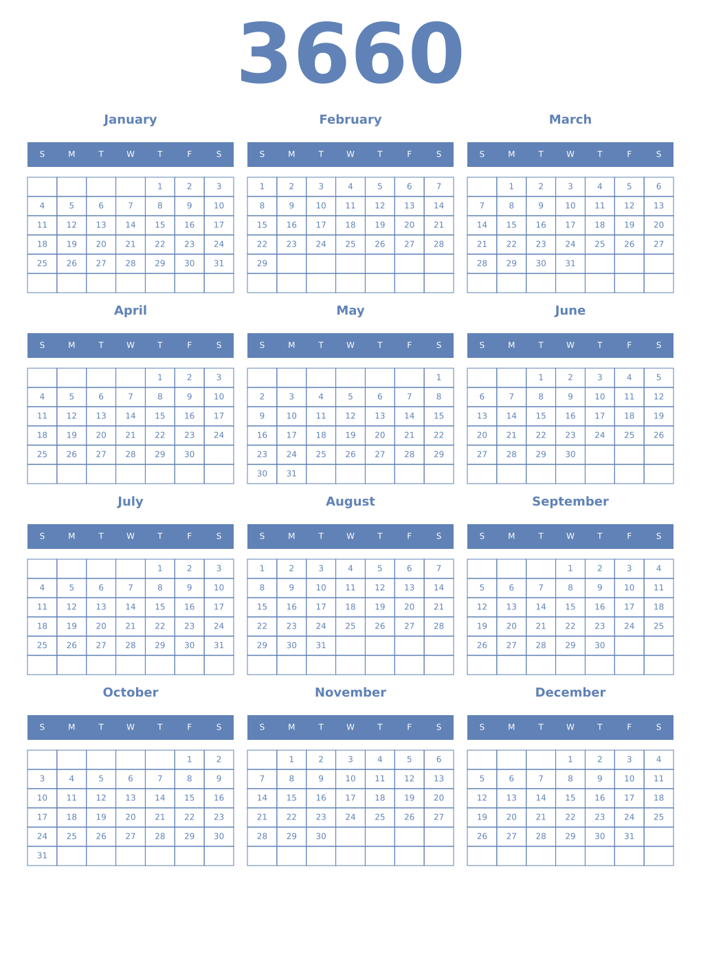Printable 3660 Year Calendars glaucous