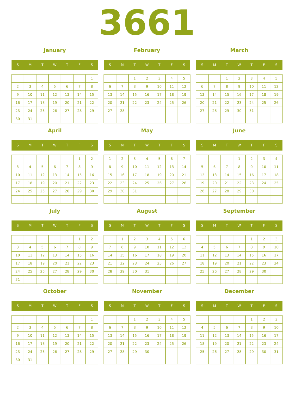 Printable 3661 Year Calendars chartreuse