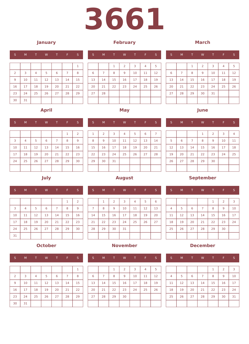 Printable 3661 Year Calendars cordovan