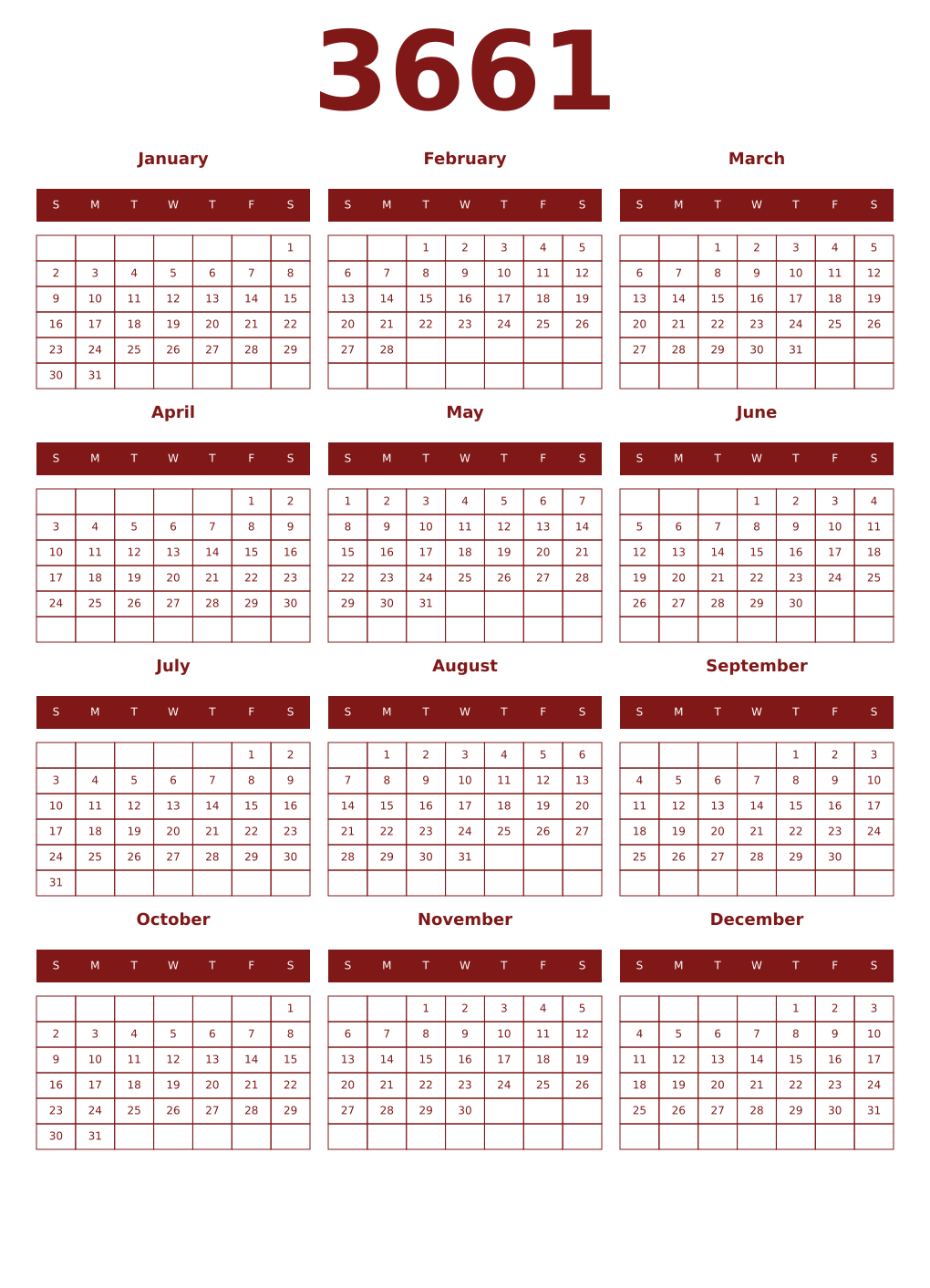 Printable 3661 Year Calendars falu