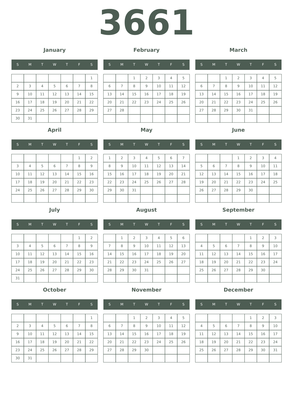 Printable 3661 Year Calendars feldgrau