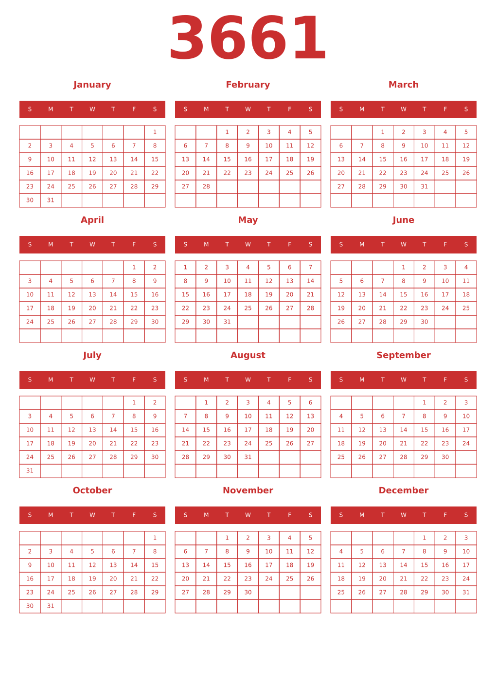 Printable 3661 Year Calendars red