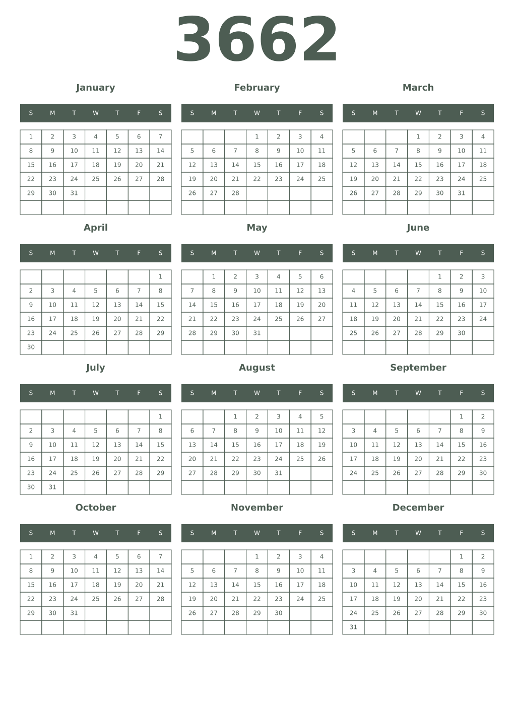 Printable 3662 Year Calendars feldgrau