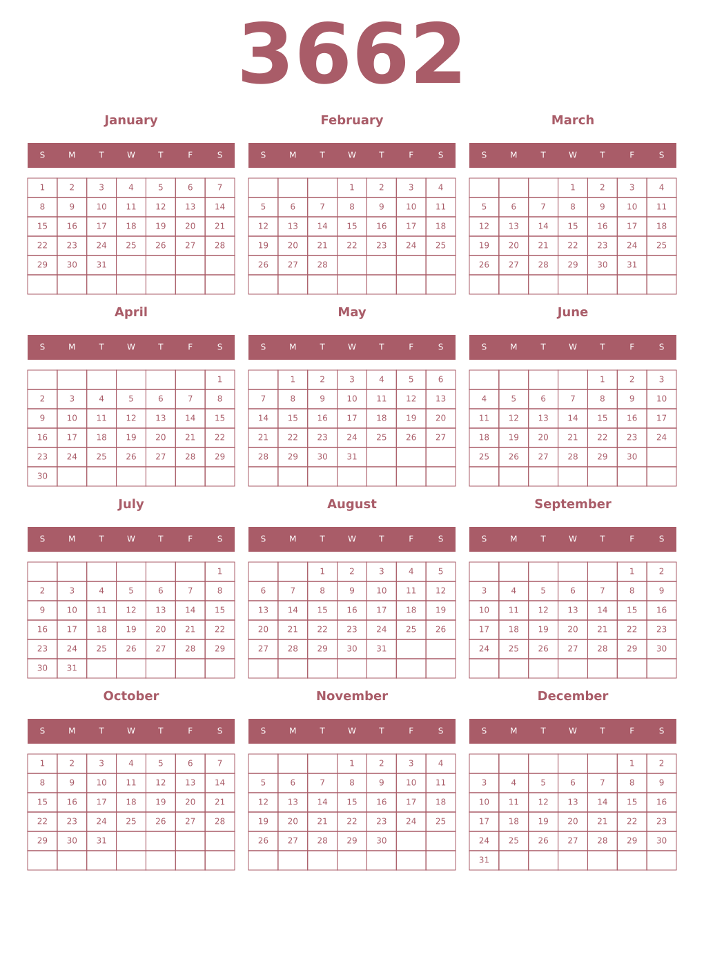 Printable 3662 Year Calendars puce