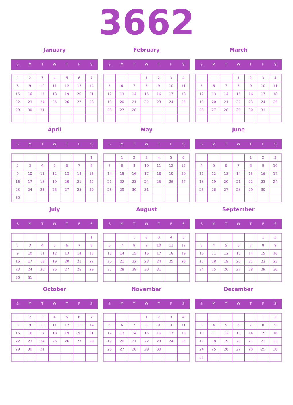 Printable 3662 Year Calendars purple