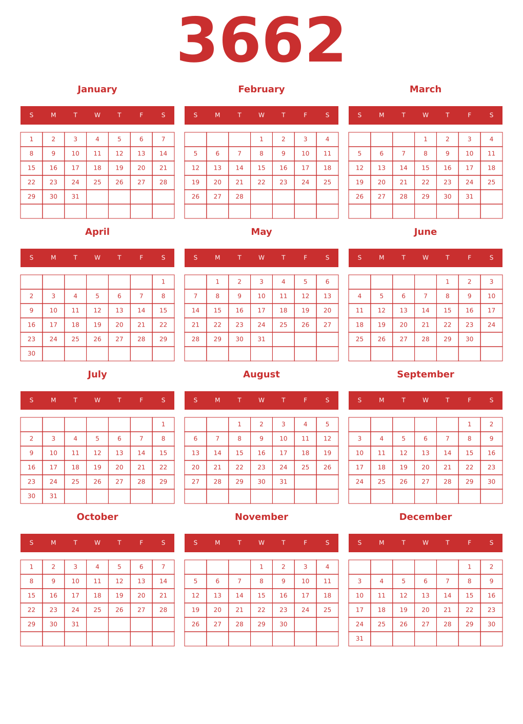 Printable 3662 Year Calendars red