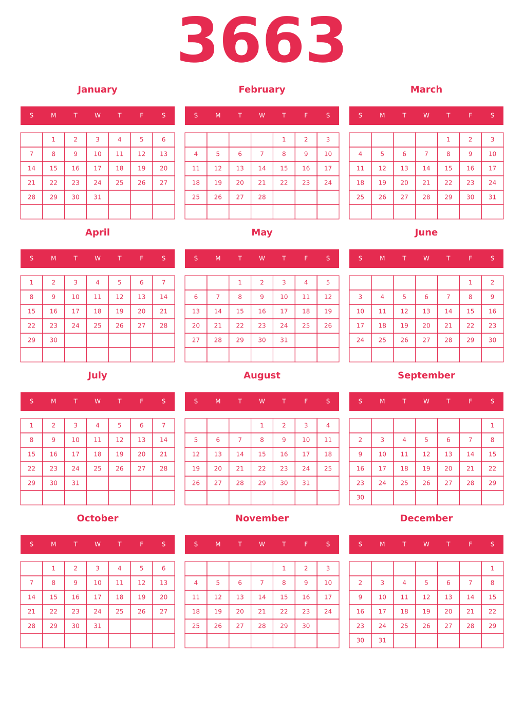 Printable 3663 Year Calendars amaranth