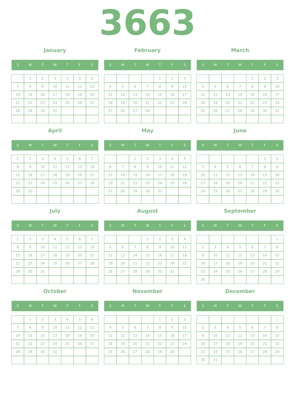Printable 3663 Year Calendars celadon