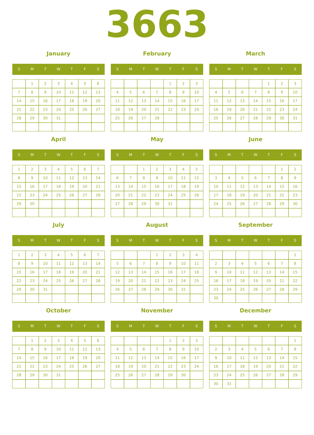 Printable 3663 Year Calendars chartreuse