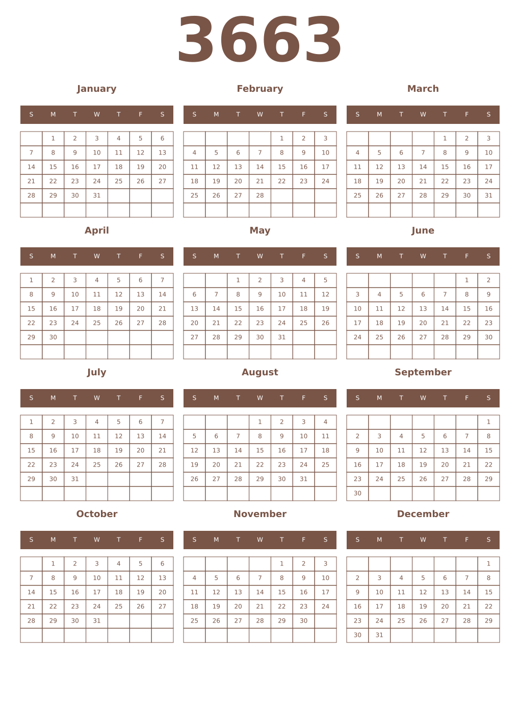 Printable 3663 Year Calendars coffe