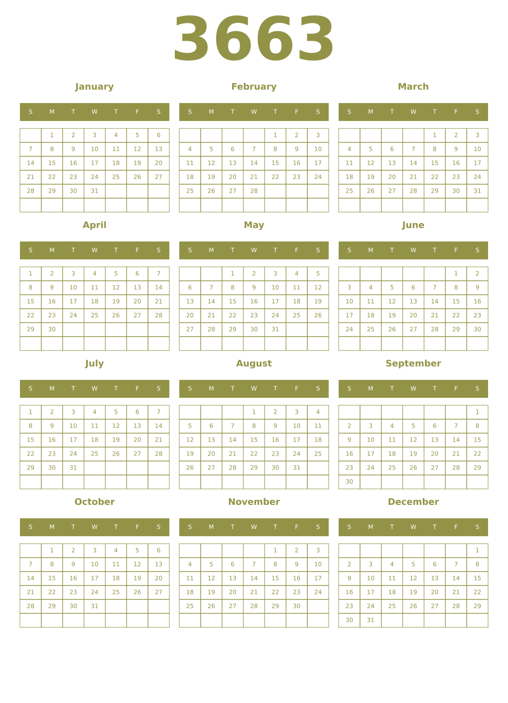 Printable 3663 Year Calendars eburnean