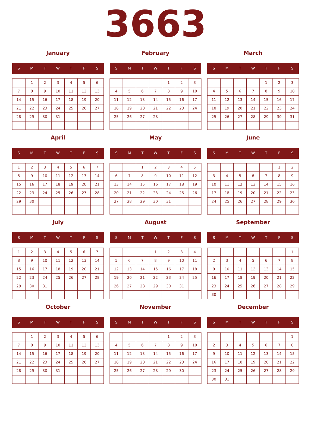 Printable 3663 Year Calendars falu