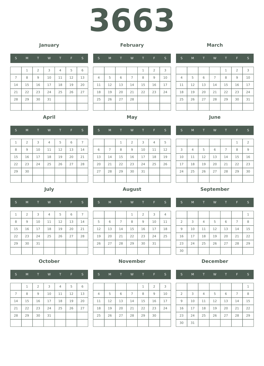 Printable 3663 Year Calendars feldgrau
