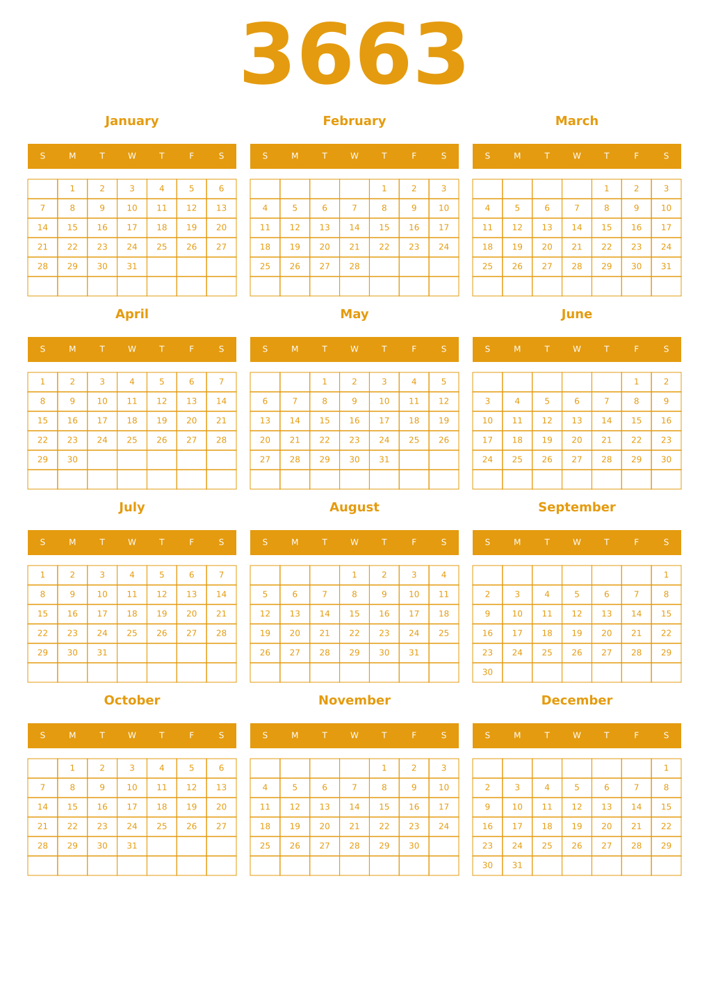 Printable 3663 Year Calendars gamboge