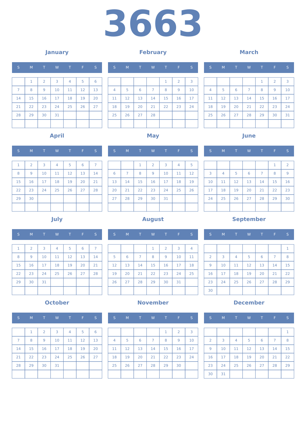 Printable 3663 Year Calendars glaucous