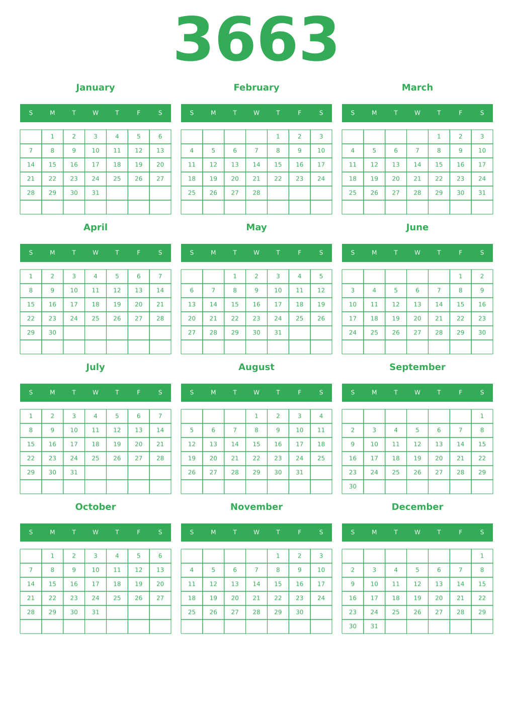 Printable 3663 Year Calendars green
