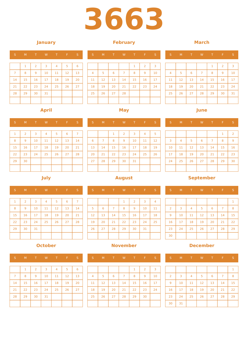 Printable 3663 Year Calendars orange