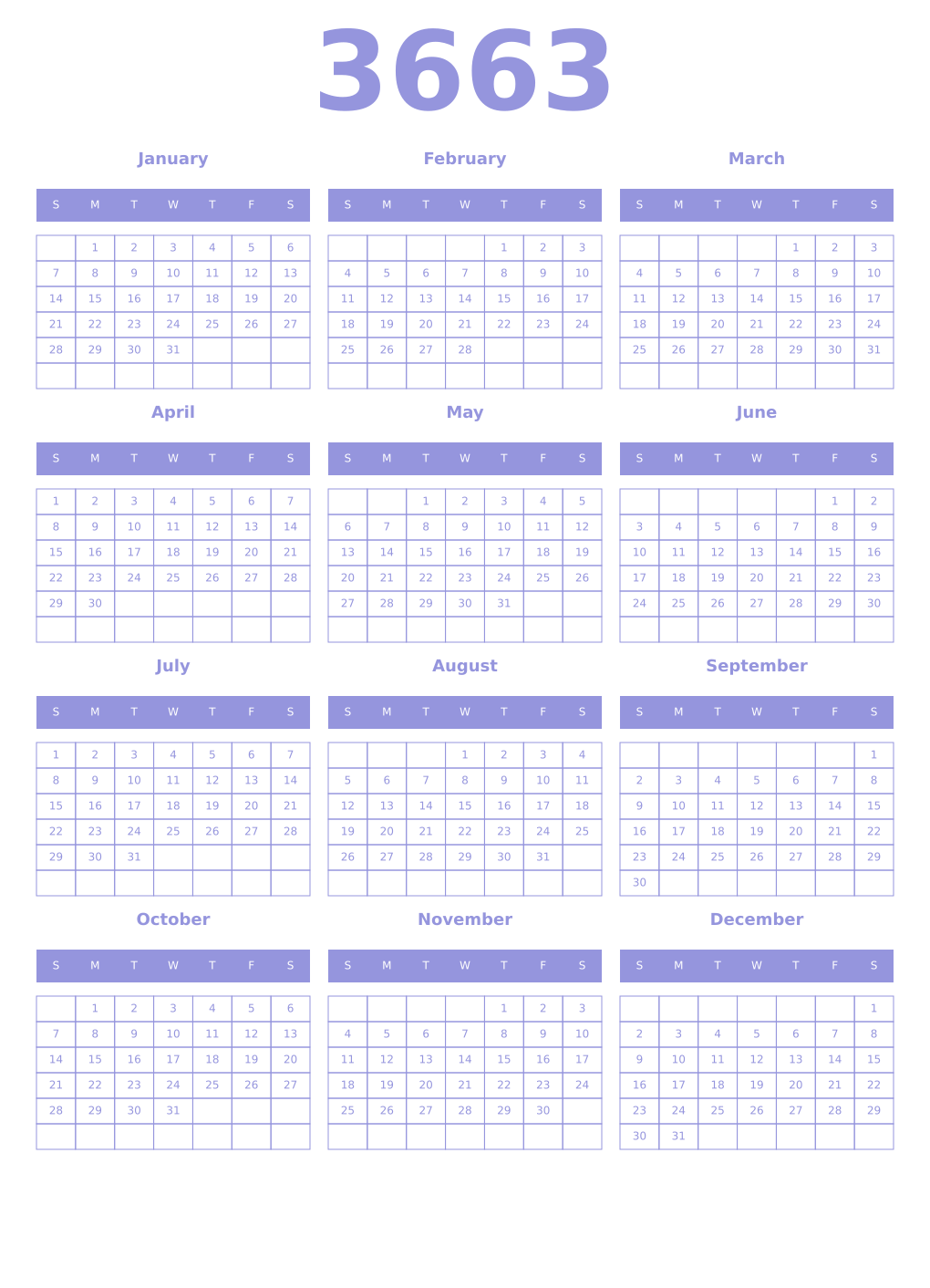Printable 3663 Year Calendars periwinkle
