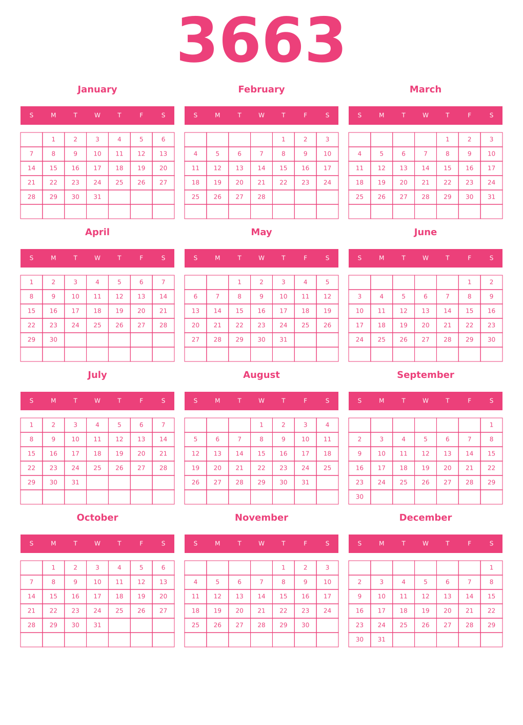 Printable 3663 Year Calendars pink
