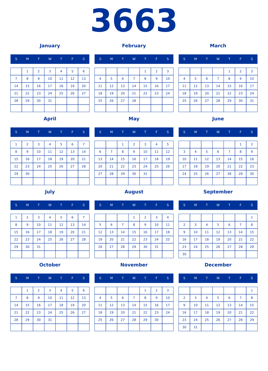 Printable 3663 Year Calendars smalt