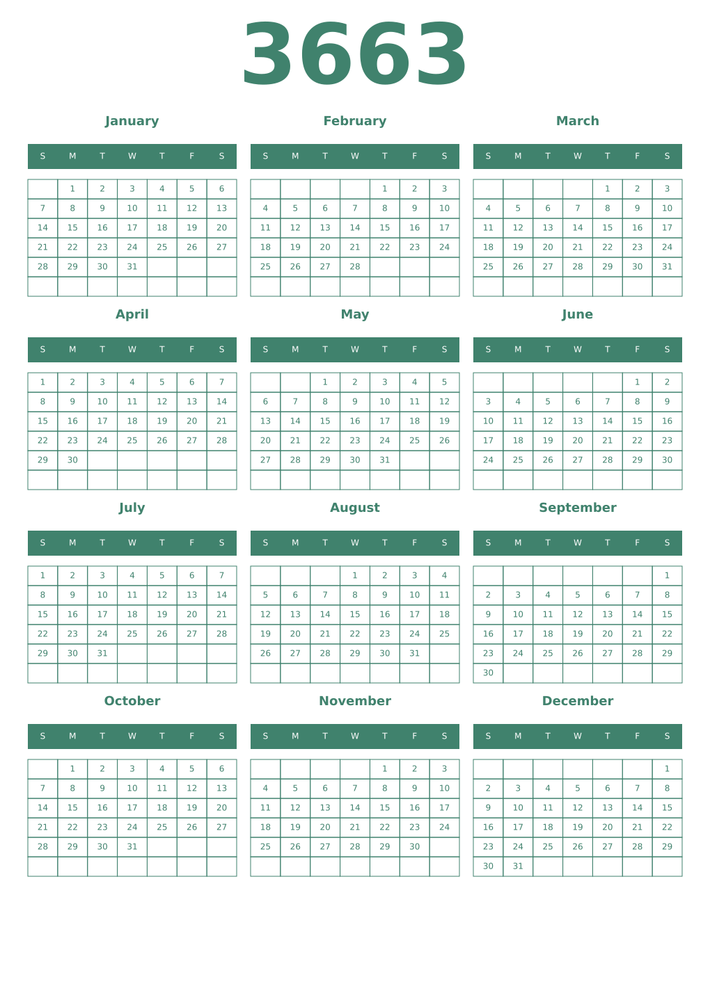 Printable 3663 Year Calendars viridian