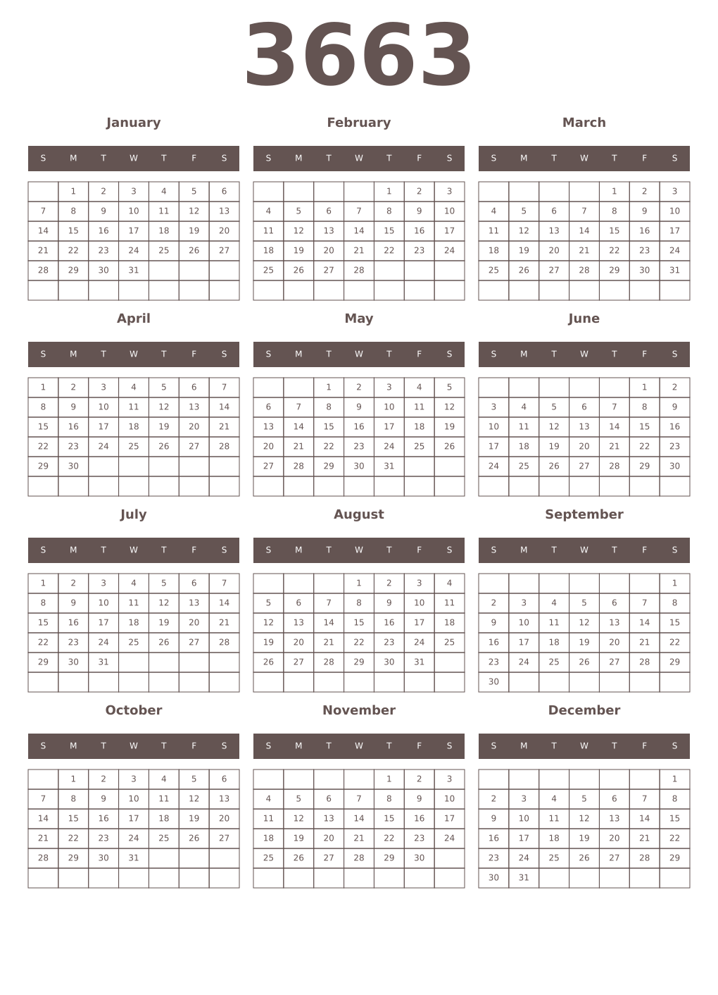 Printable 3663 Year Calendars wenge