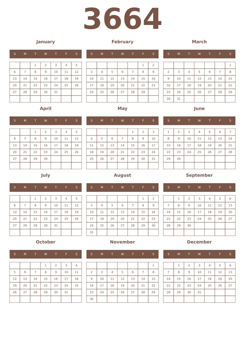 Printable 3664 Year Calendars coffe