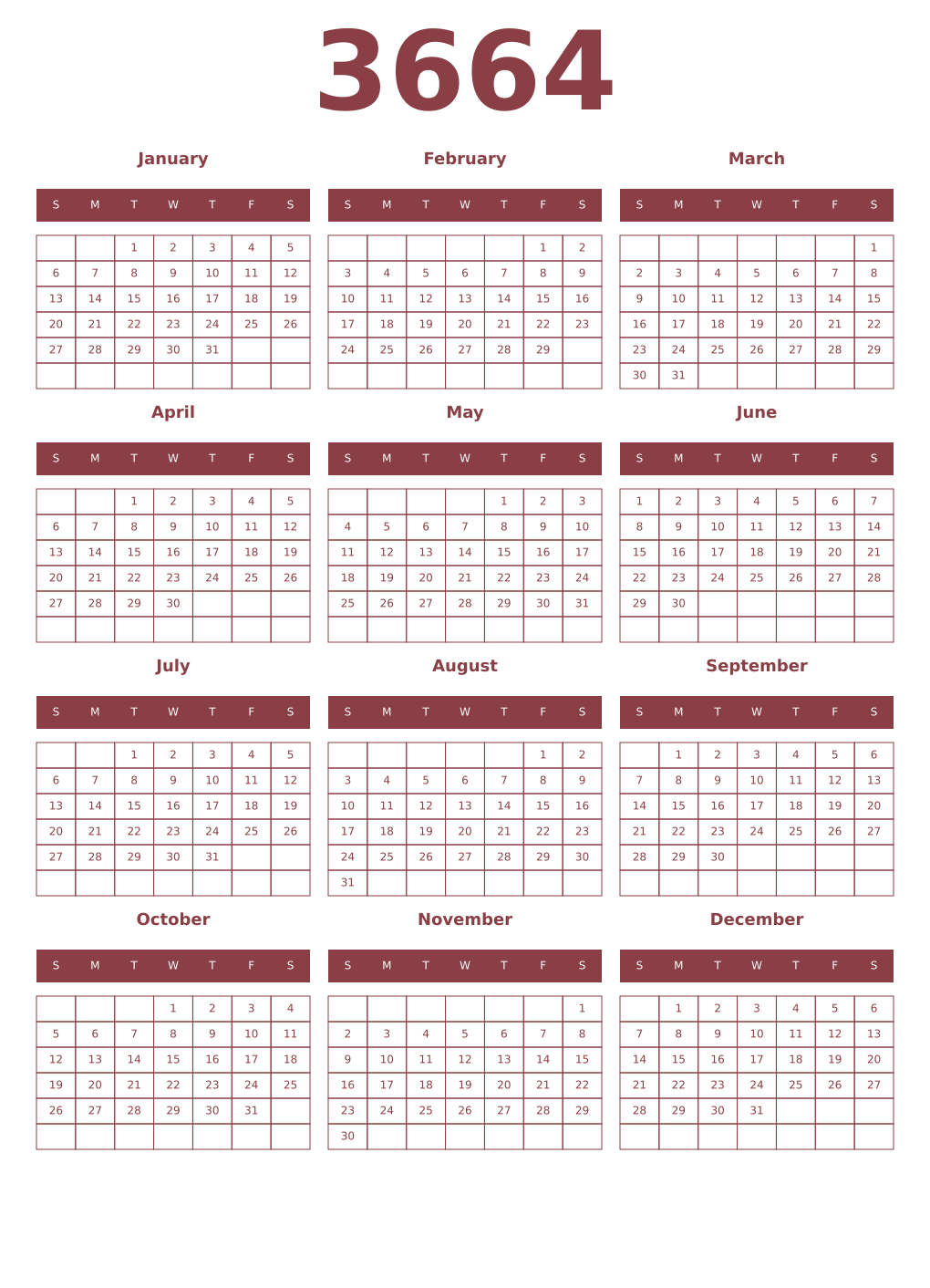 Printable 3664 Year Calendars cordovan
