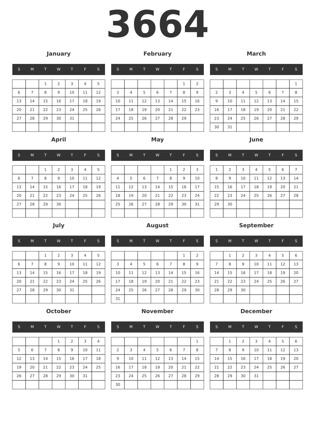 Printable 3664 Year Calendars dark