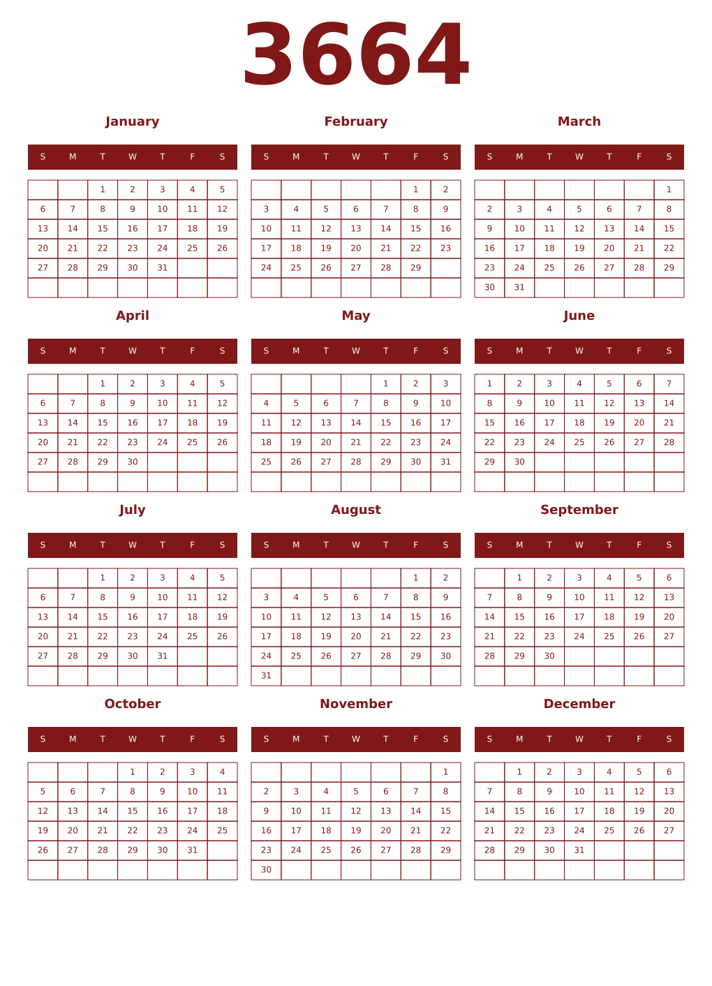Printable 3664 Year Calendars falu
