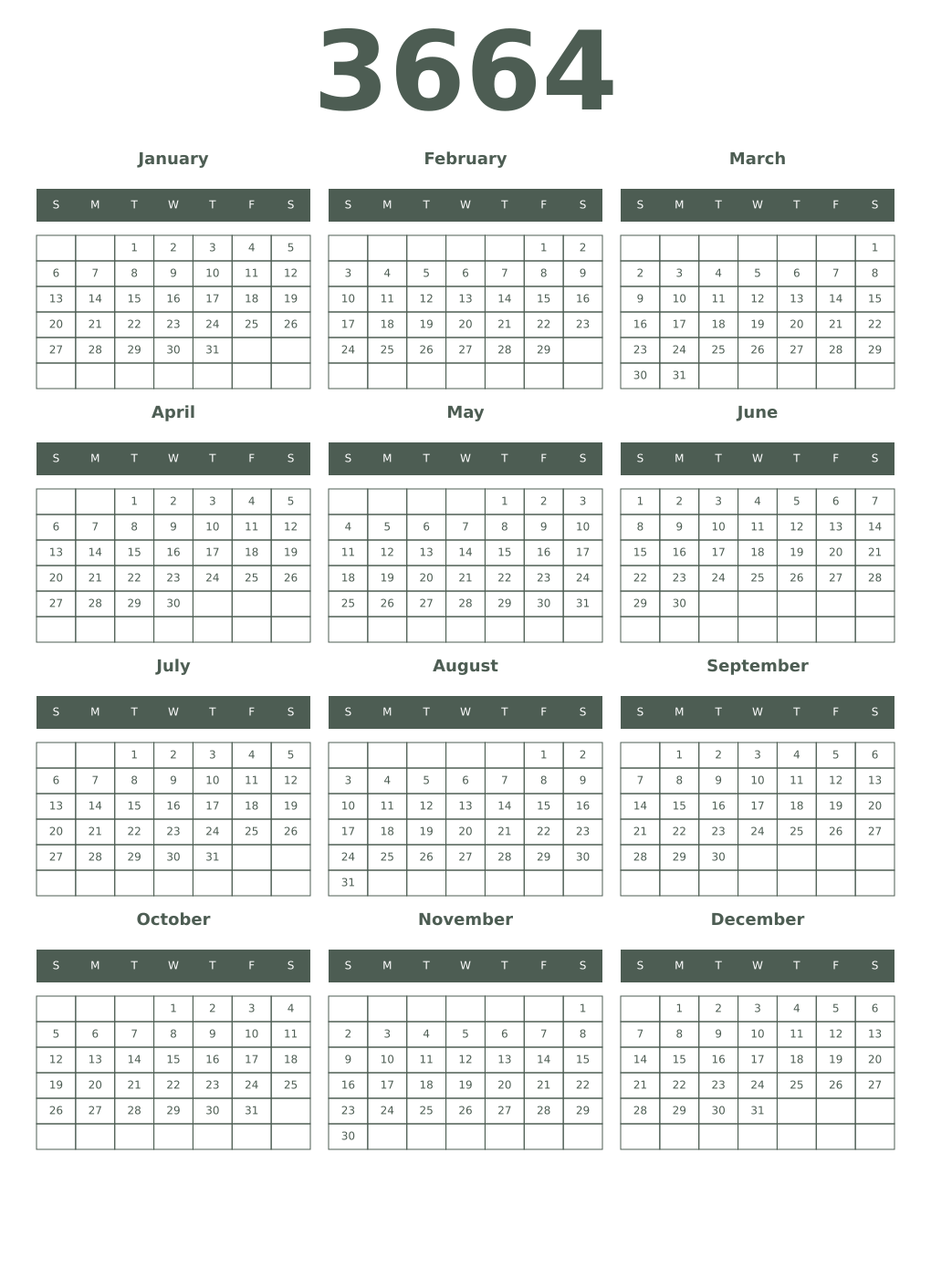 Printable 3664 Year Calendars feldgrau