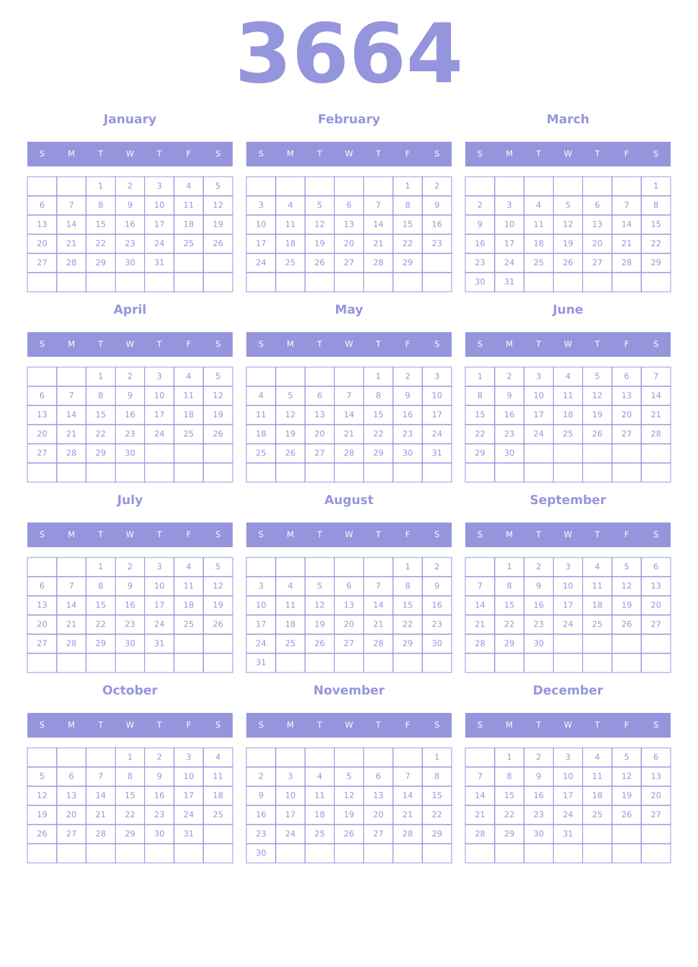 Printable 3664 Year Calendars periwinkle