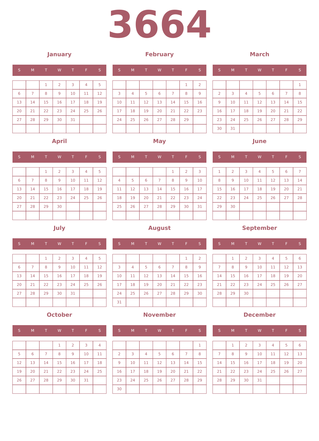 Printable 3664 Year Calendars puce