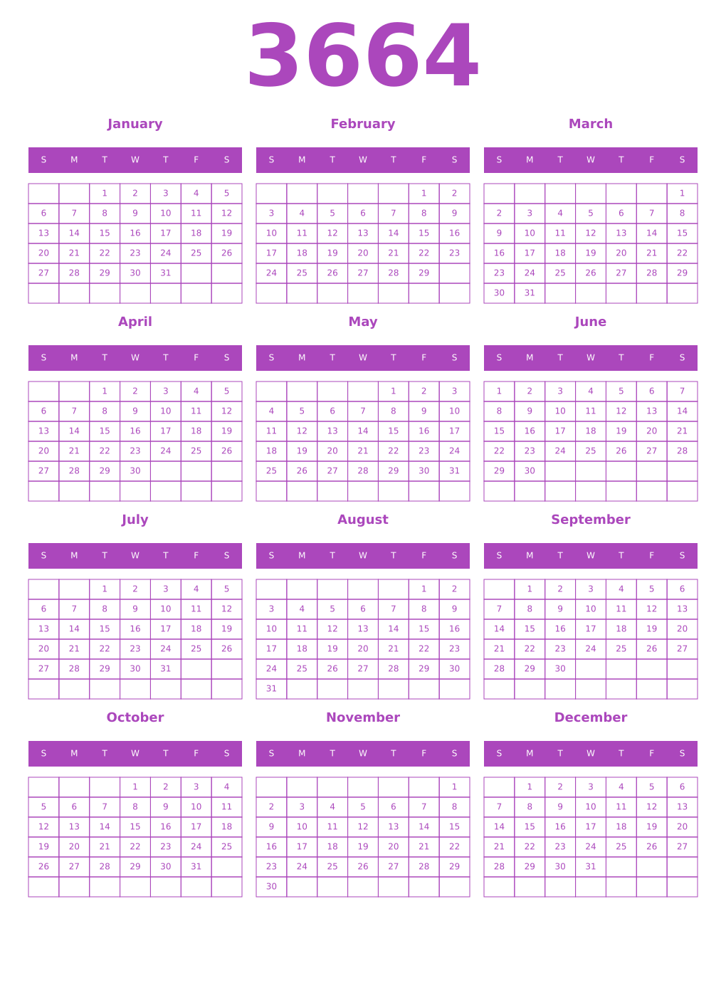 Printable 3664 Year Calendars purple