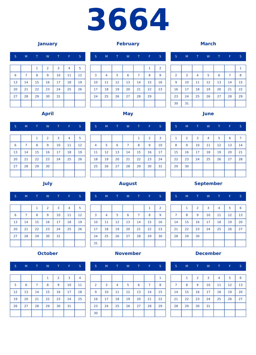 Printable 3664 Year Calendars smalt