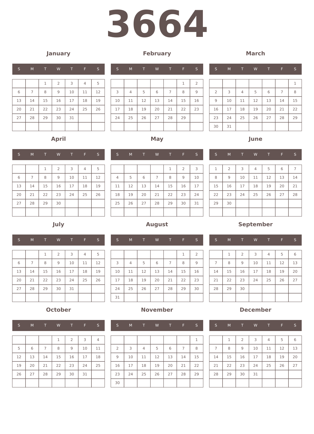 Printable 3664 Year Calendars wenge