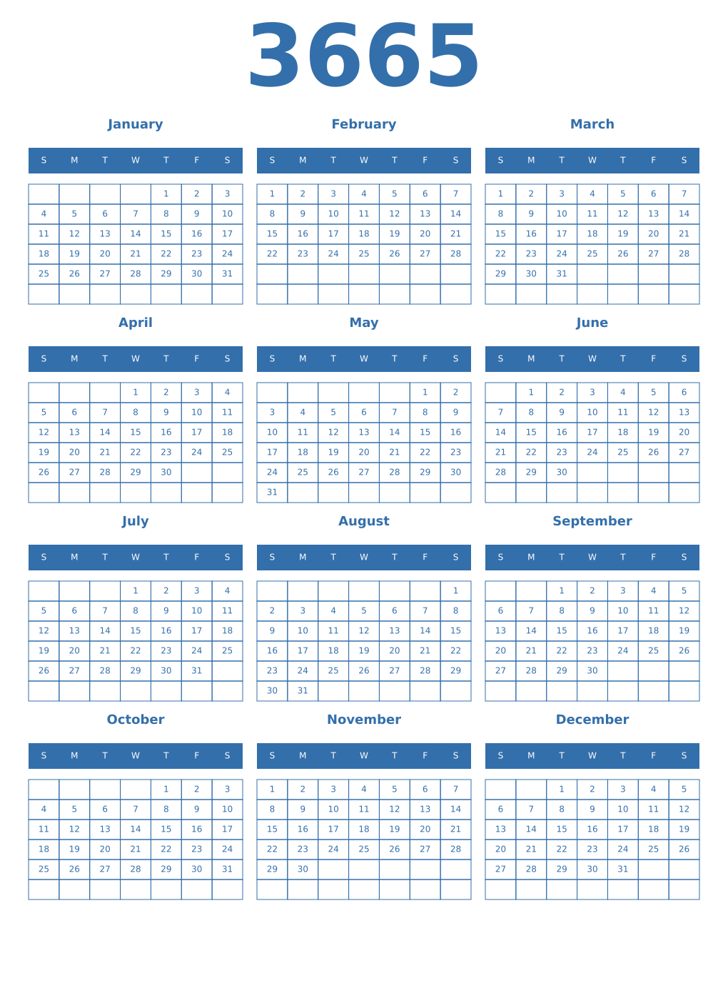 Printable 3665 Year Calendars blue