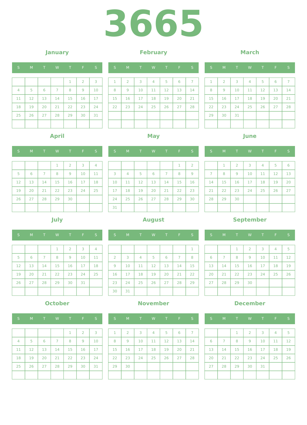 Printable 3665 Year Calendars celadon