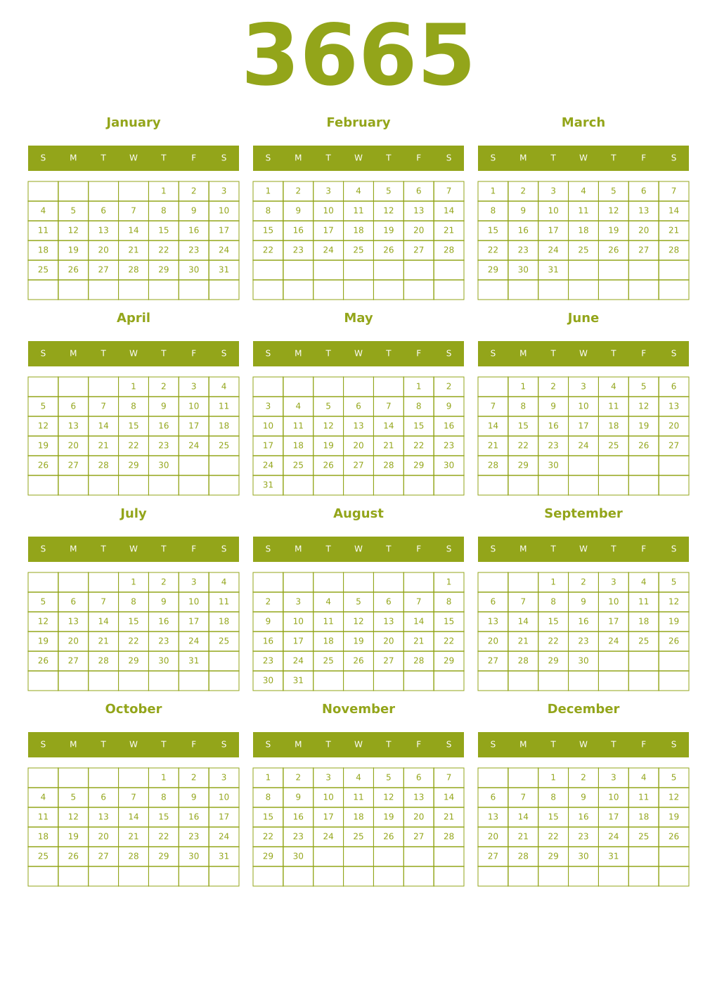 Printable 3665 Year Calendars chartreuse