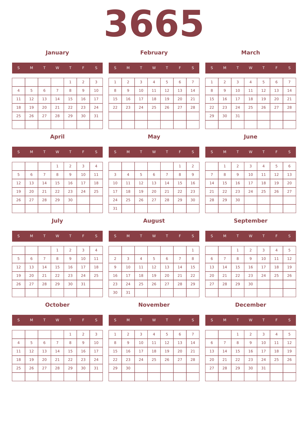 Printable 3665 Year Calendars cordovan
