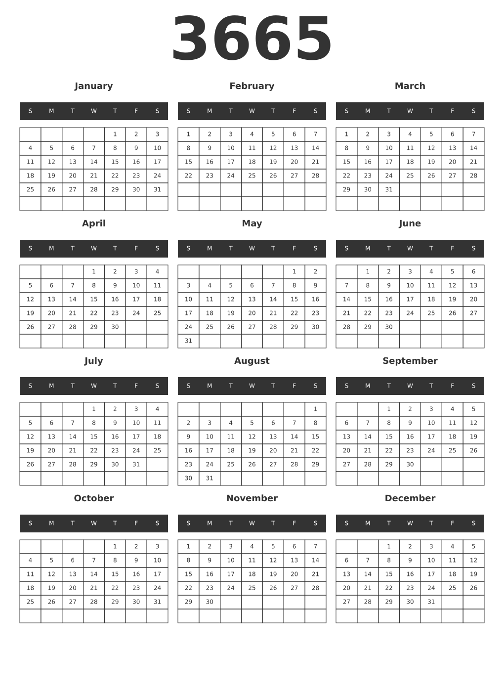 Printable 3665 Year Calendars dark