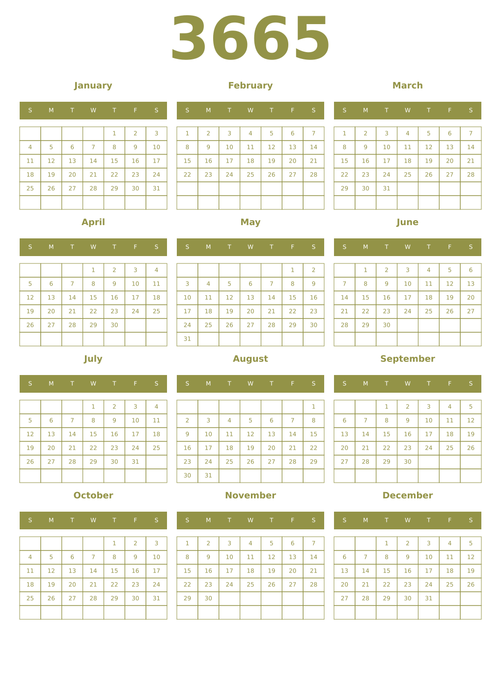 Printable 3665 Year Calendars eburnean