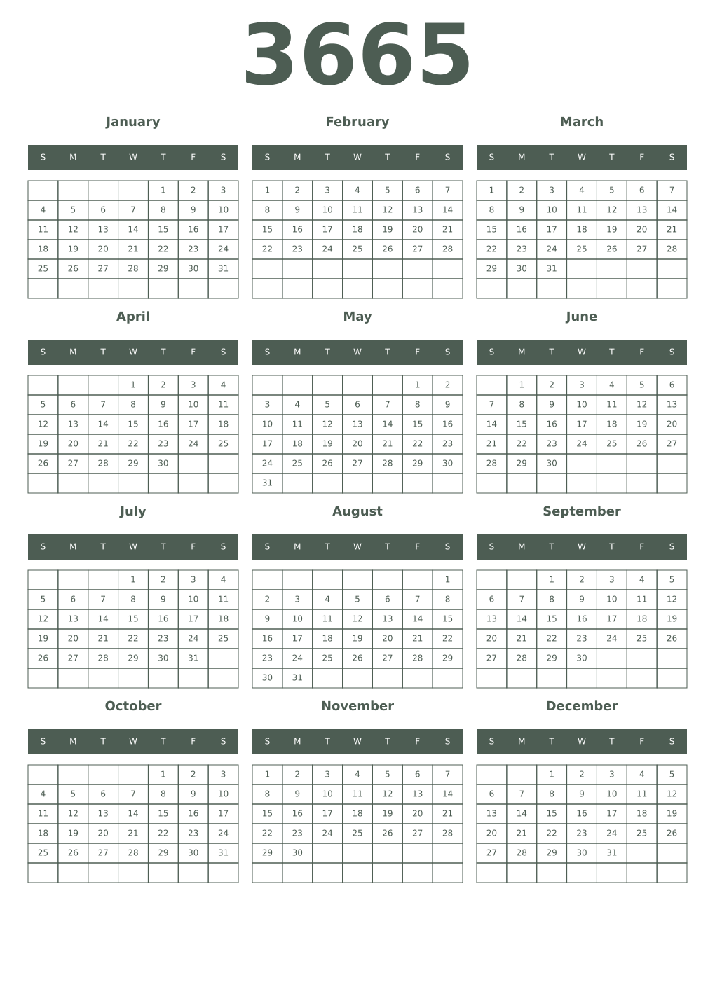 Printable 3665 Year Calendars feldgrau
